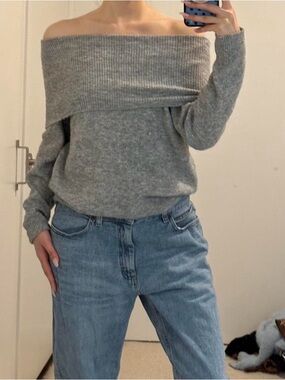 EGO Off-the-Shoulder Foldover Ribbed Sweater - Gray